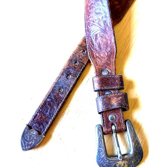 VTG 80s TOOLED LEATHER Western BELT L/XL Silver Buckle & Tip cowboy JUSTIN - Picture 5 of 16
